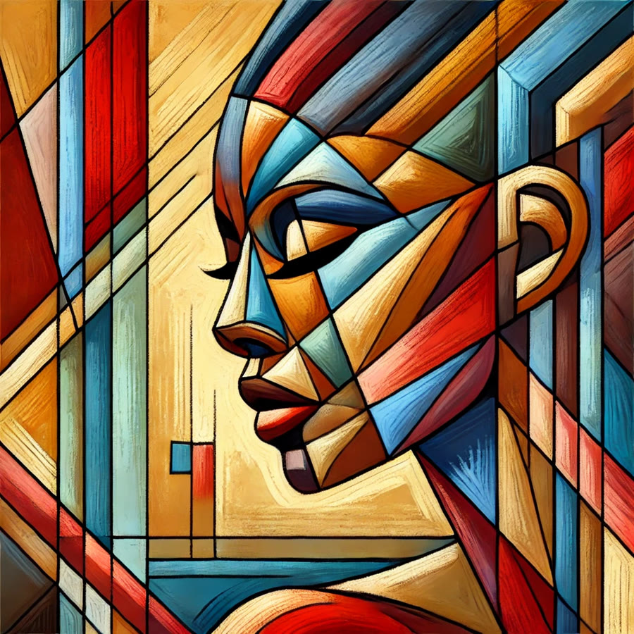 Kubistisch portret van een gezicht in profiel, in rood, blauw en oker