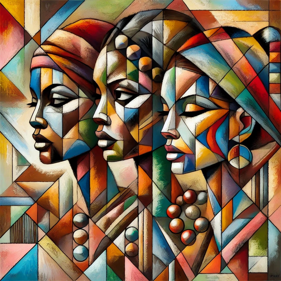 Kubistisch werk met drie vrouwen in profiel, in veelkleurige vlakken
